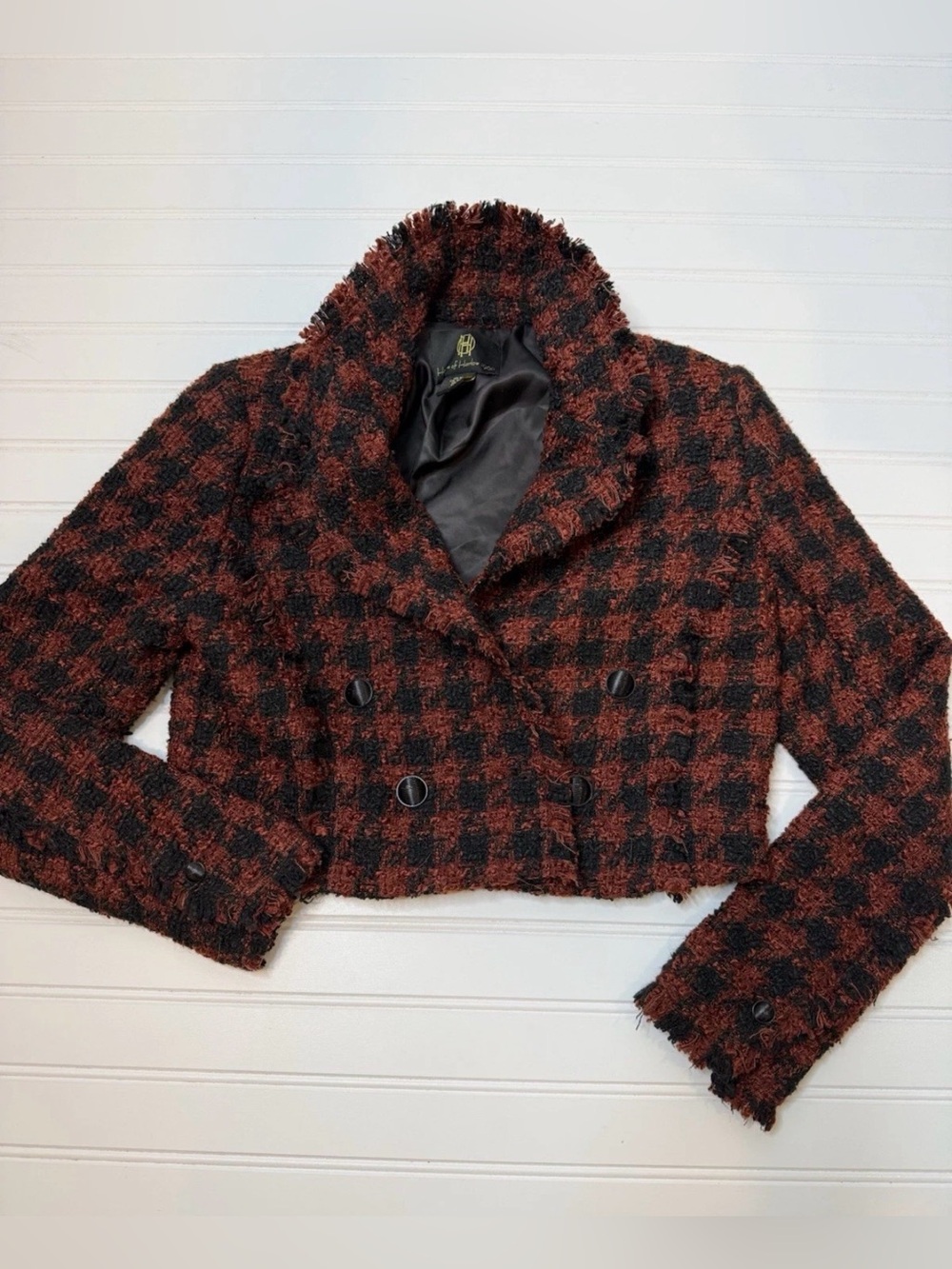 House Of Harlow 1960 Black/Rust Houndstooth Cropped Blazer Jacket Women XS 1881
